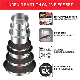 Tefal Ingenio Emotion, nerūdijantis plienas - 13 dalių puodų ir keptuvių rinkinys Prekė - L897DS04