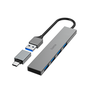 Šakotuvas Hama USB Hub, 4x USB 3.2 Gen 1, USB-C adapter, gray Prekė - 00200141 00200141
