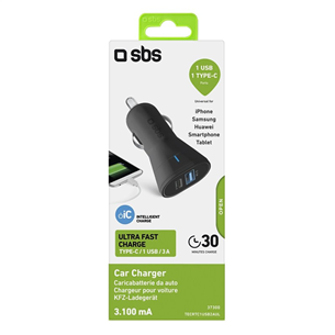 Automobilinis įkroviklis SBS, USB-A, USB-C, 10 W, black Prekė - TECRTC1USB2AUL