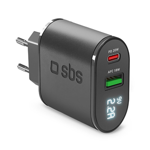 Įkroviklis SBS, USB-A, USB-C, LCD, 20 W, black TETREV20PDW