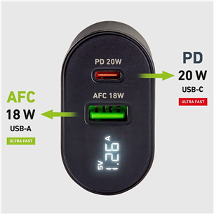 Įkroviklis SBS, USB-A, USB-C, LCD, 20 W, black
