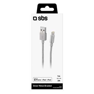 Laidas SBS Silver Metal Braided, USB-A - Lightning, silver Prekė - TECABLEUSBIP589BS