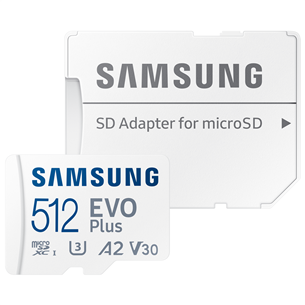Samsung EVO Plus, microSDXC, 512 ГБ, белый - Карта памяти и адаптер Товар - MB-MC512SA/EU MB-MC512SA/EU