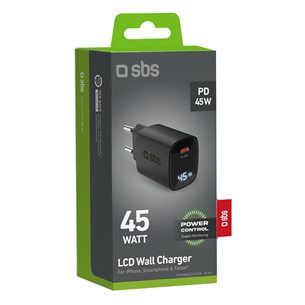 SBS LCD Wall Charger, USB-C, LCD, 45 W, juodas - Adapteris