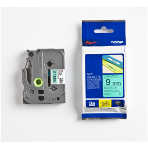 Laminated tape black text on green backround 8m x 9mm, Brother Item - TZE721 TZE721